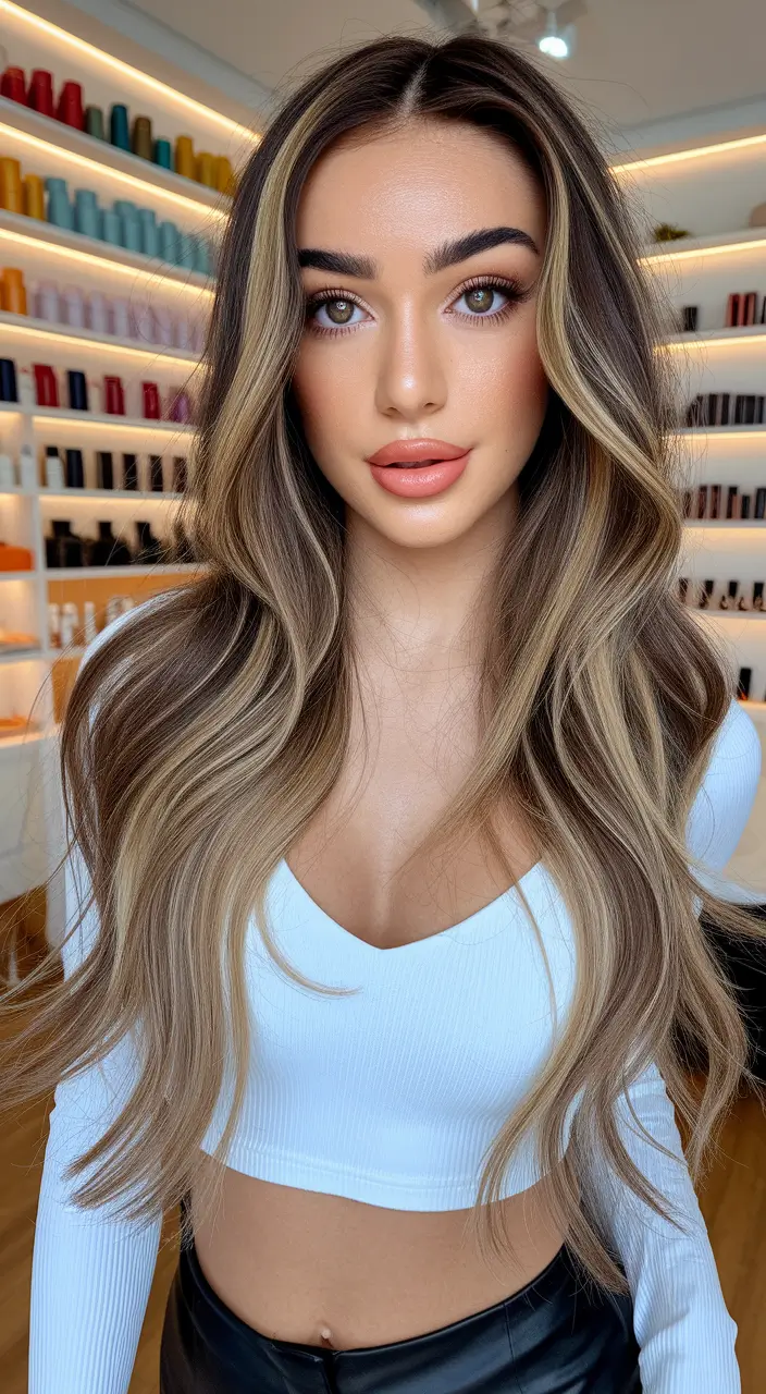 long haircut summer Money Piece Highlights with Loose Waves
