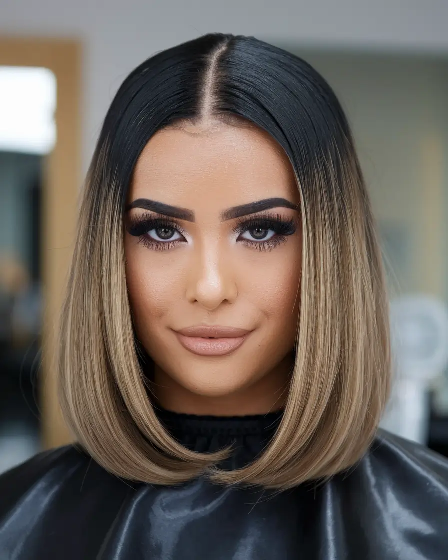 summer brunette hair color 2025 Sleek Contrast Lob with Ultra-Cool Tones