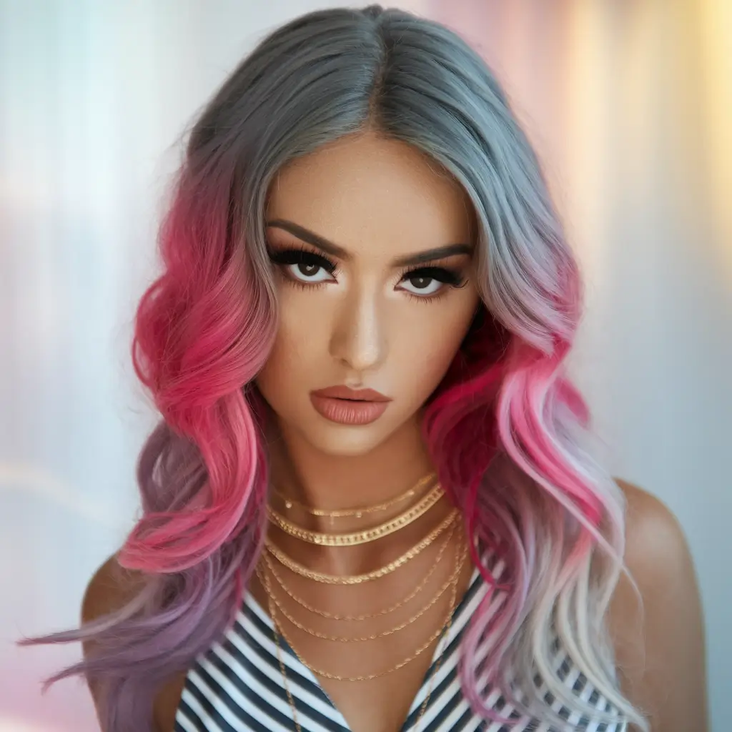 summer hair & color highlights 2025 grey and fuchsia curls