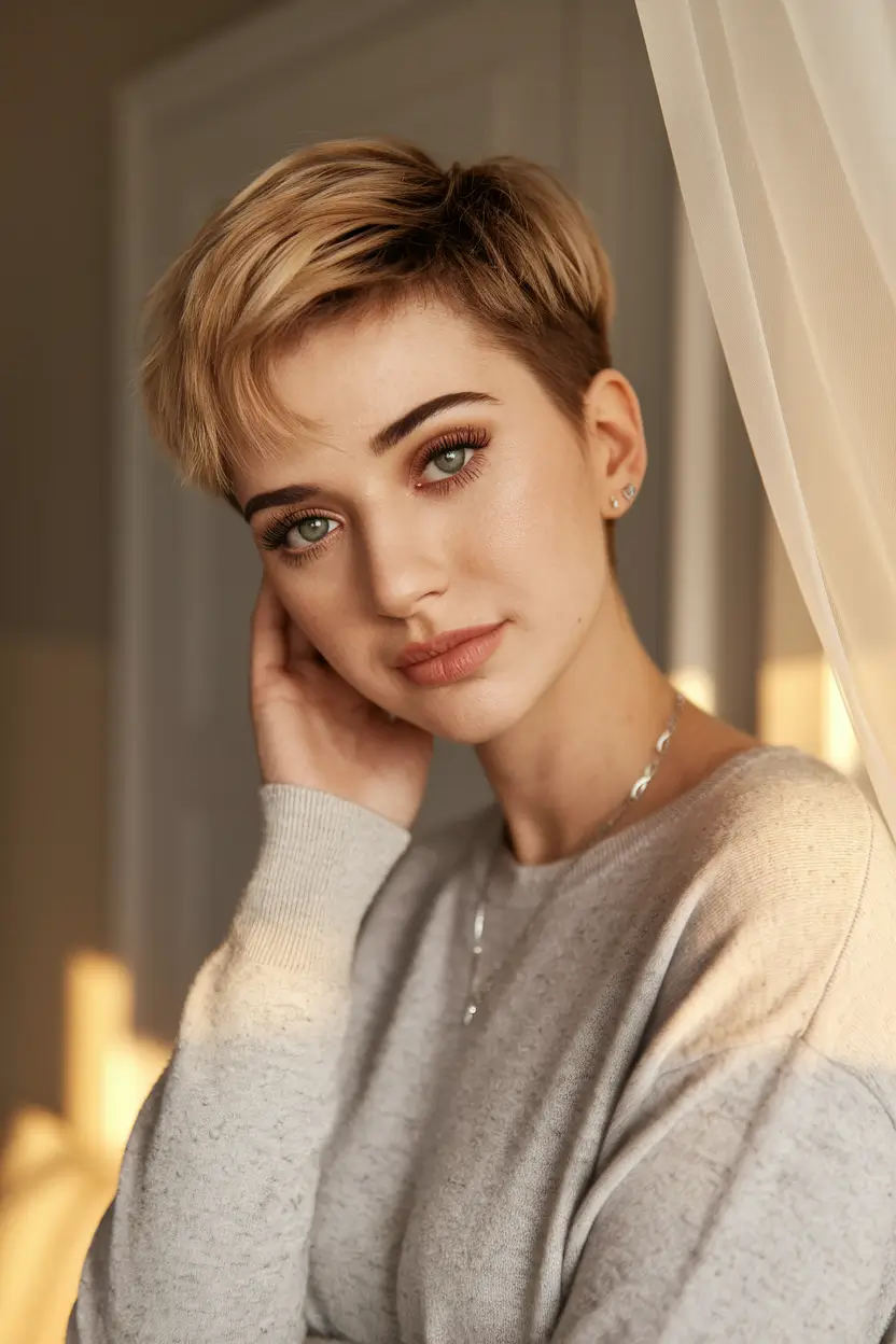 pixie haircuts for women - Golden Tapered Pixie with Gentle Side Part