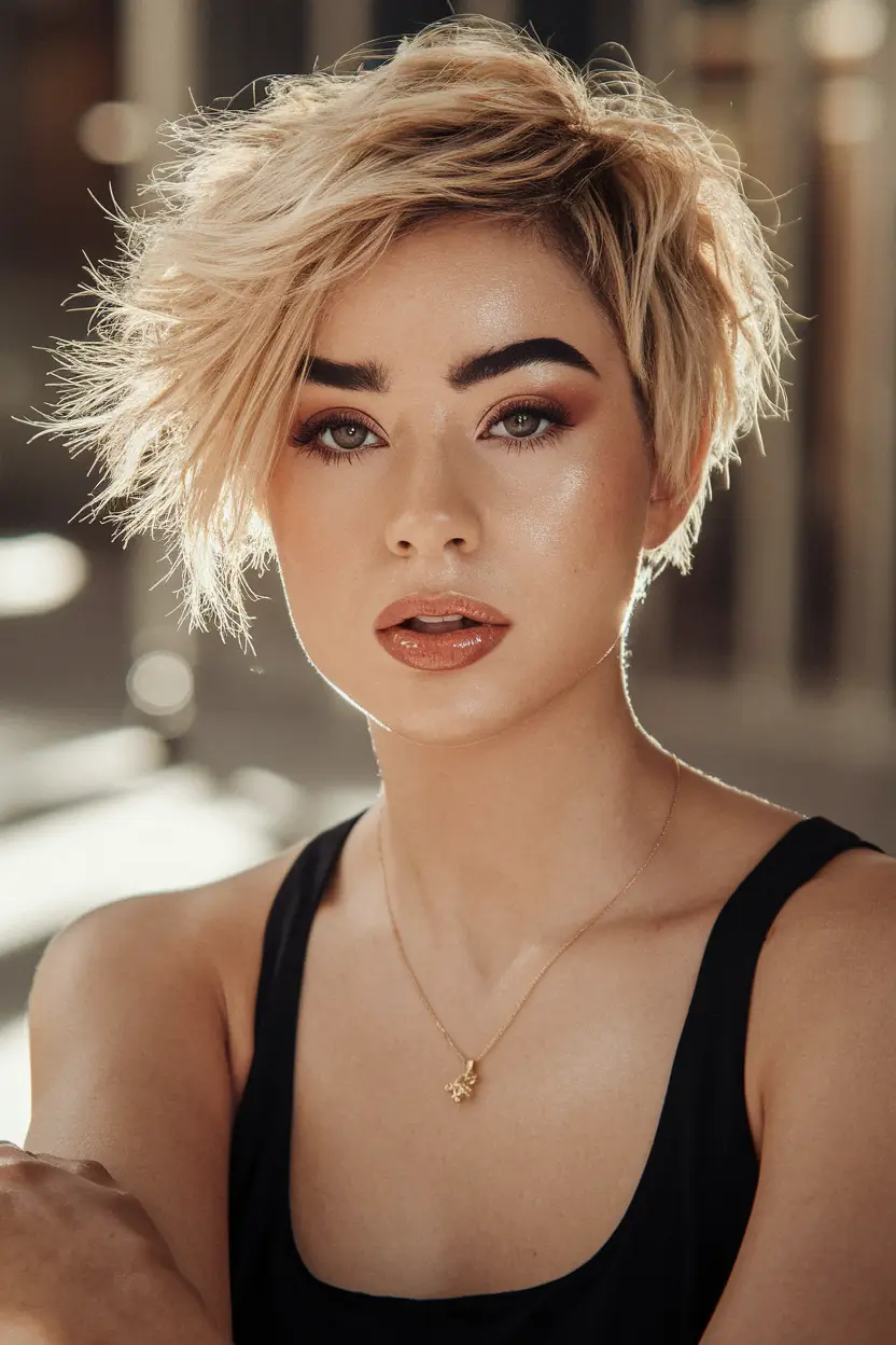 pixie haircuts for women - Wind-Swept Blonde Pixie with Volume Fringe