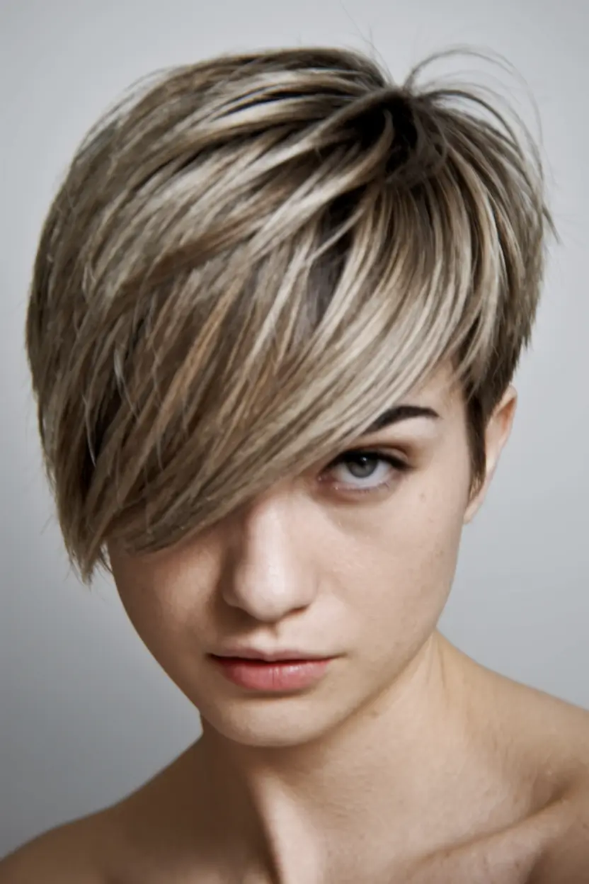 pixie haircuts for women - Long Bang Layered Pixie with Soft Ash Tones