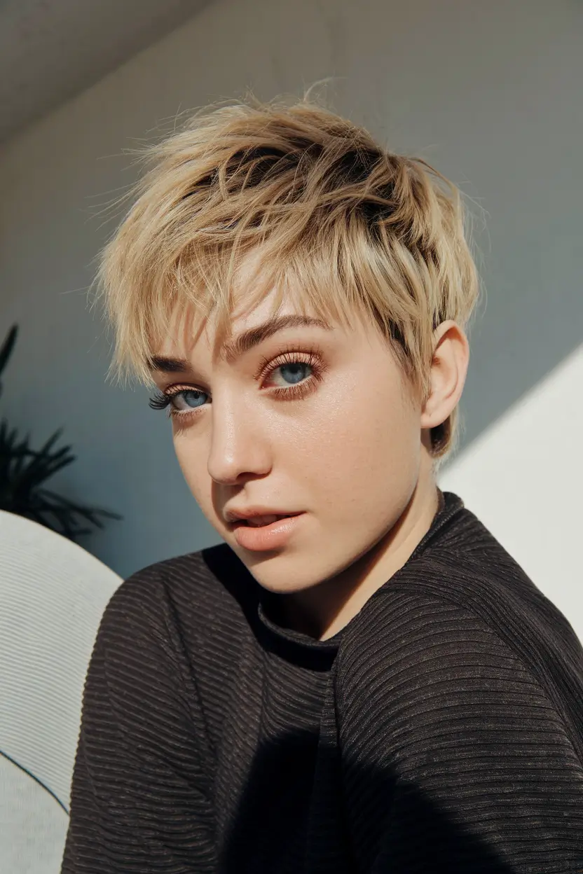 pixie haircuts for women - Sunlit Blonde Pixie with Shaggy Bangs