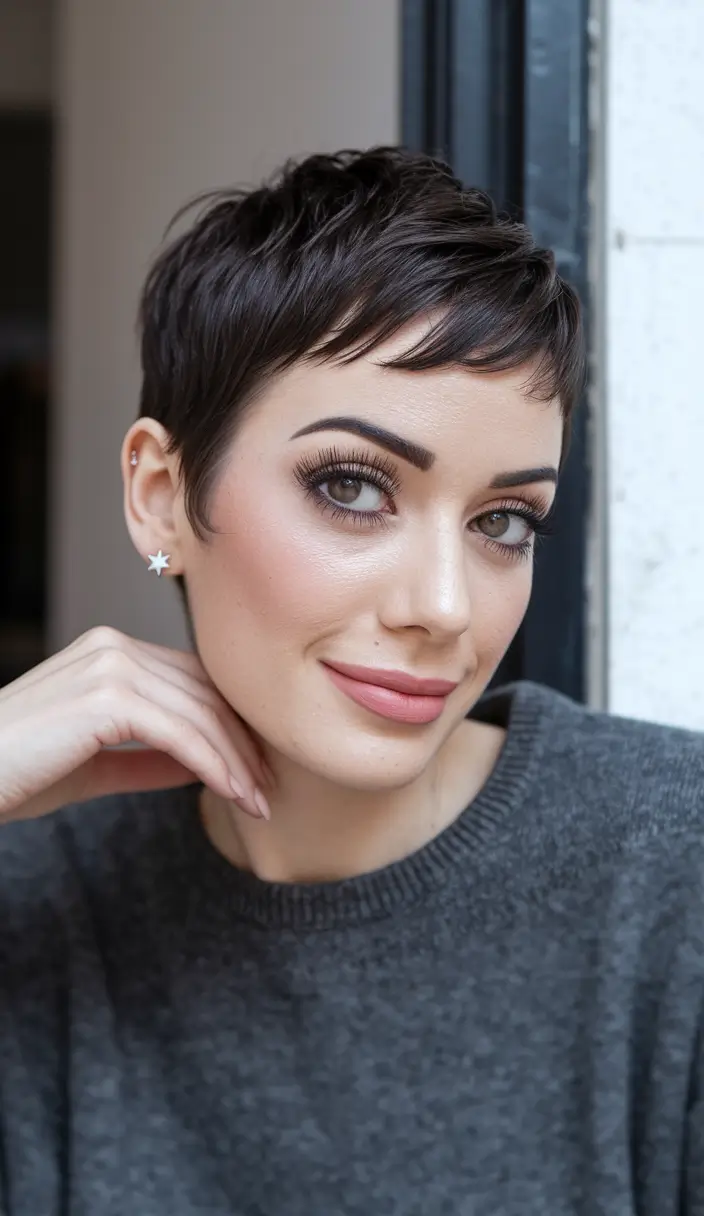 pixie haircuts for women - Glossy Charcoal Crop with Baby Bangs