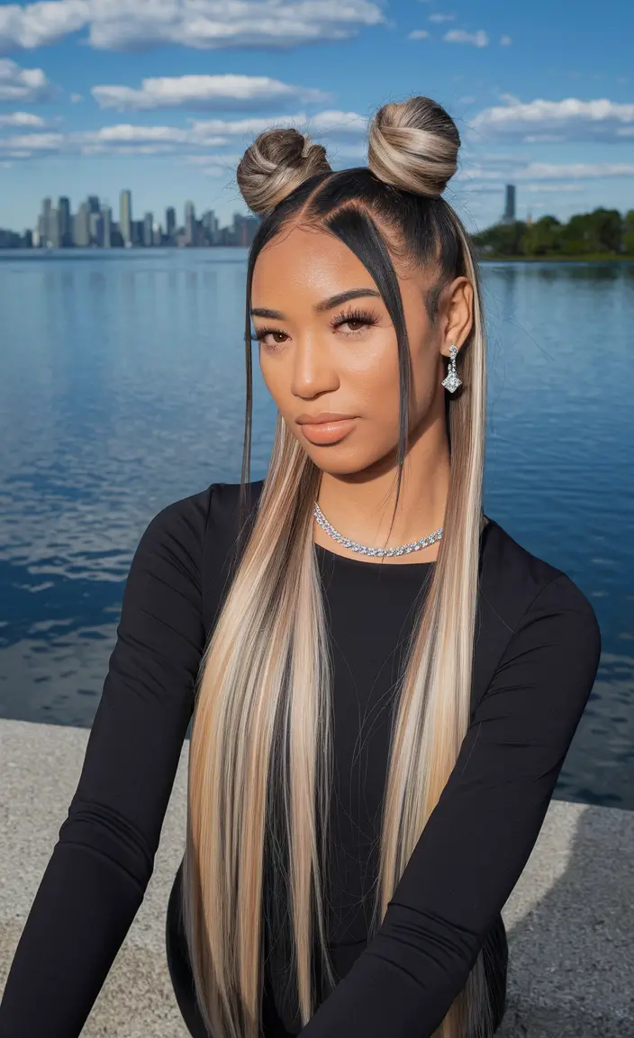 summer hairstyles long hair Space Buns with Sleek Front Pieces