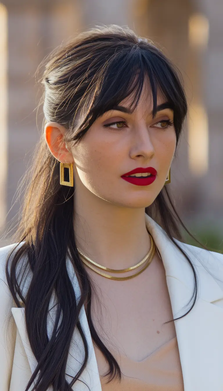 summer hairstyles long hair Elegant Half-Updo with Curtain Bangs