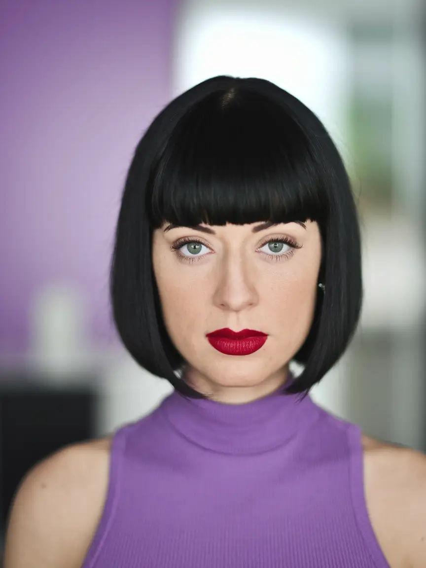 summer bob hairstyles retro jet black power bob with bangs