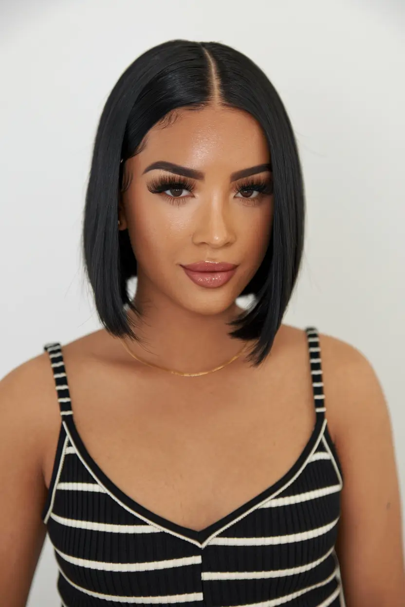 summer bob hairstyles ultra gloss noir bob with clean center part