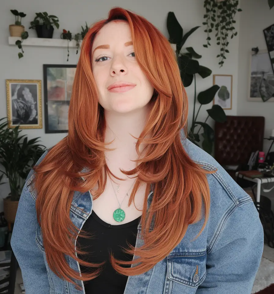 butterfly haircut with bangs Layered Copper with Casual Cool Energy