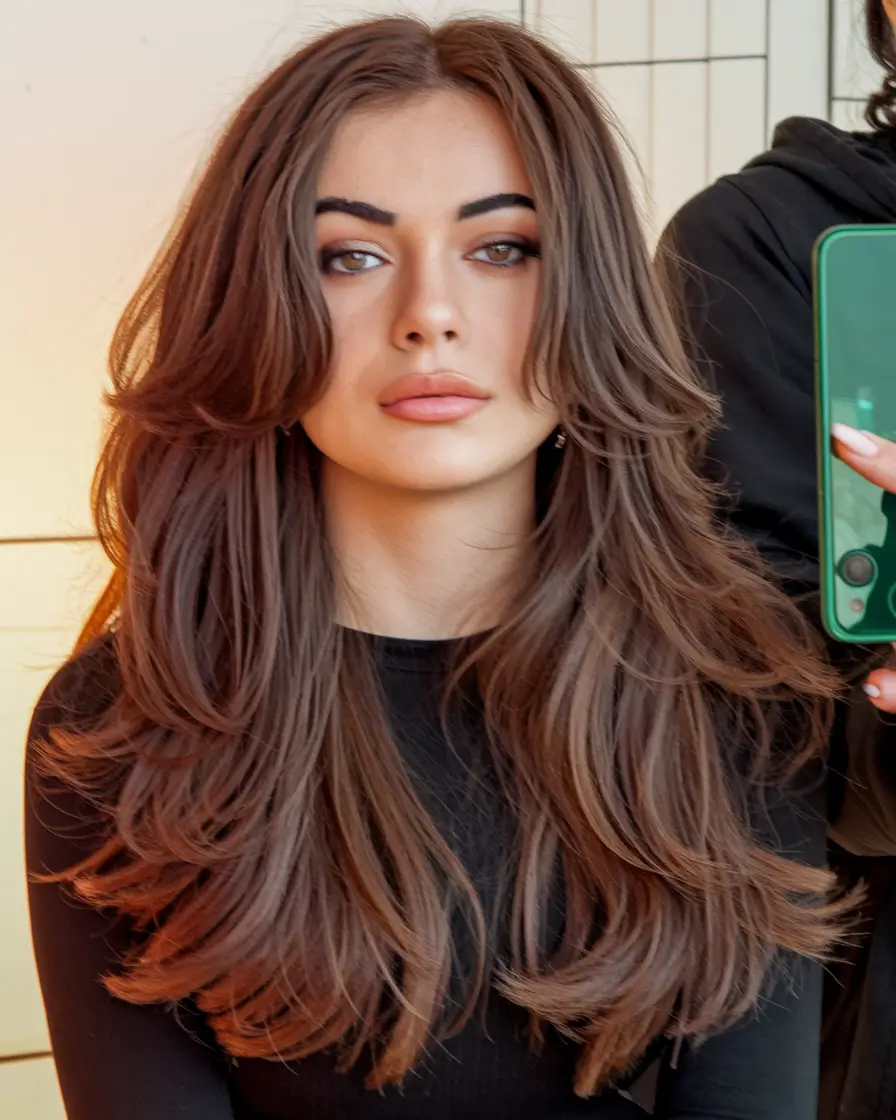 butterfly haircut long layers curtain bangs curly Layered Volume for Classic Glam