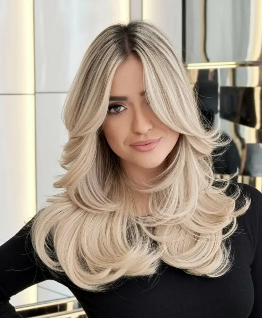 butterfly haircut straight hair Platinum Drama with Movement