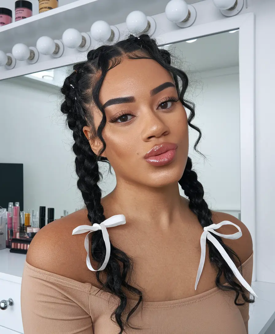 easy summer hairstyles 2025 Double Dutch Braids with Ribbon Ties