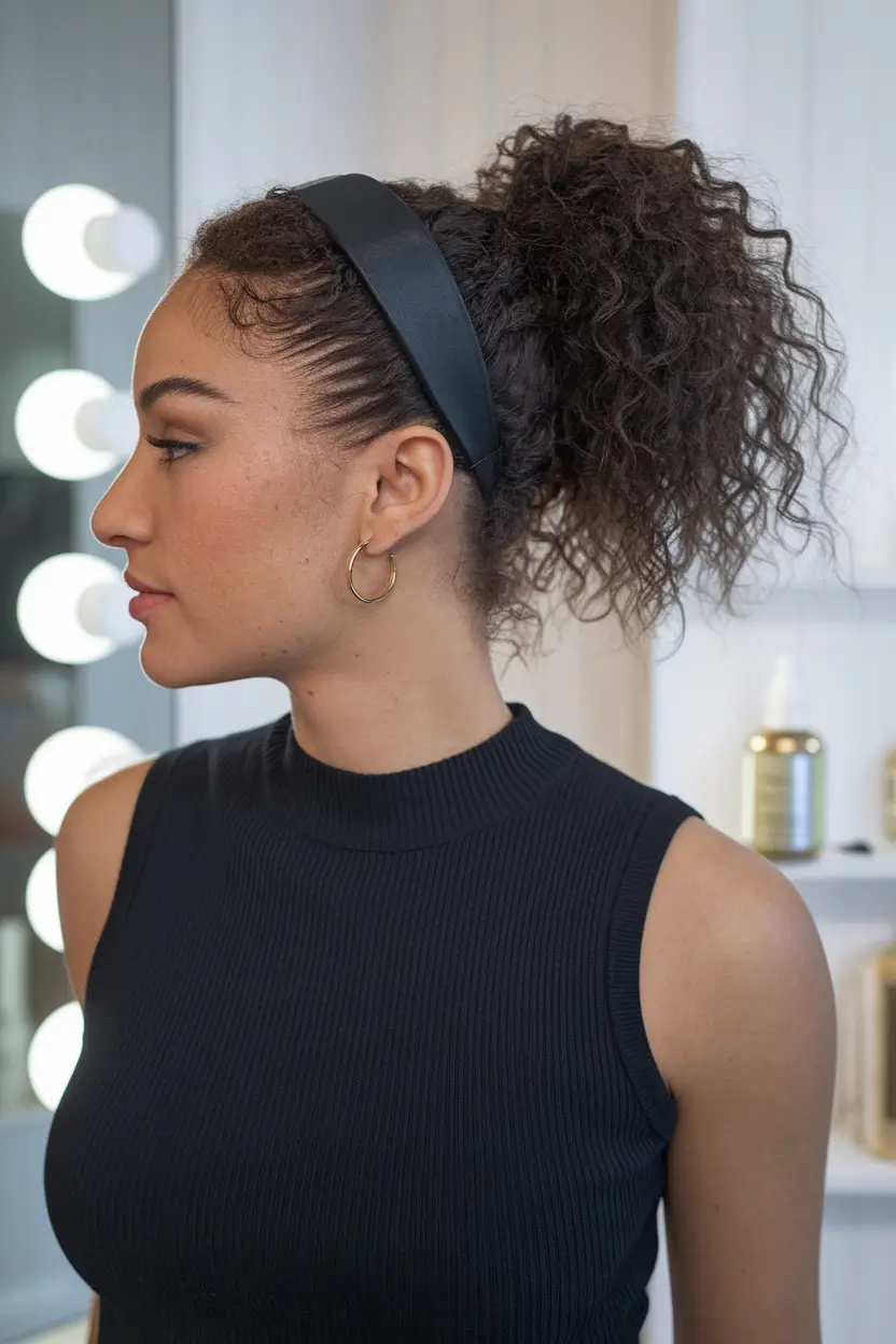 easy summer hairstyles 2025 Curly High Puff with a Headband