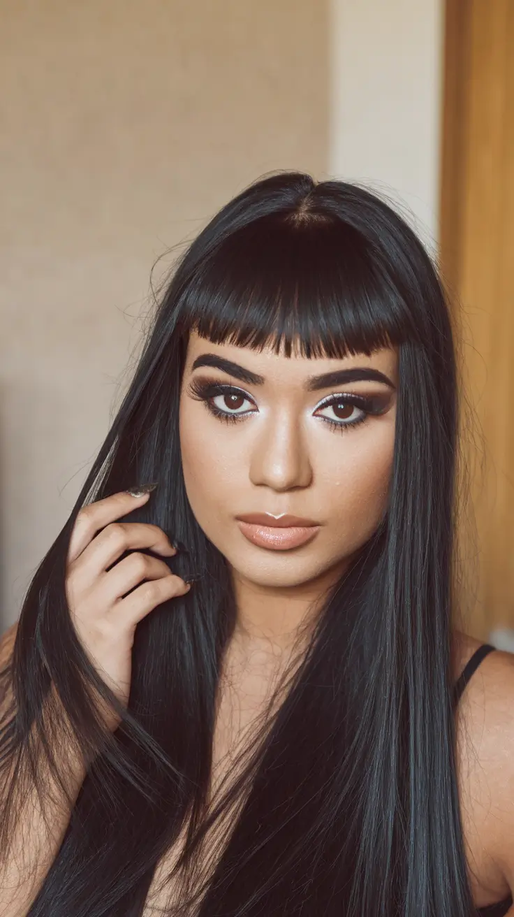 haircuts with bang - summer ideas 2025 Long Sleek Hair with Blunt Bangs