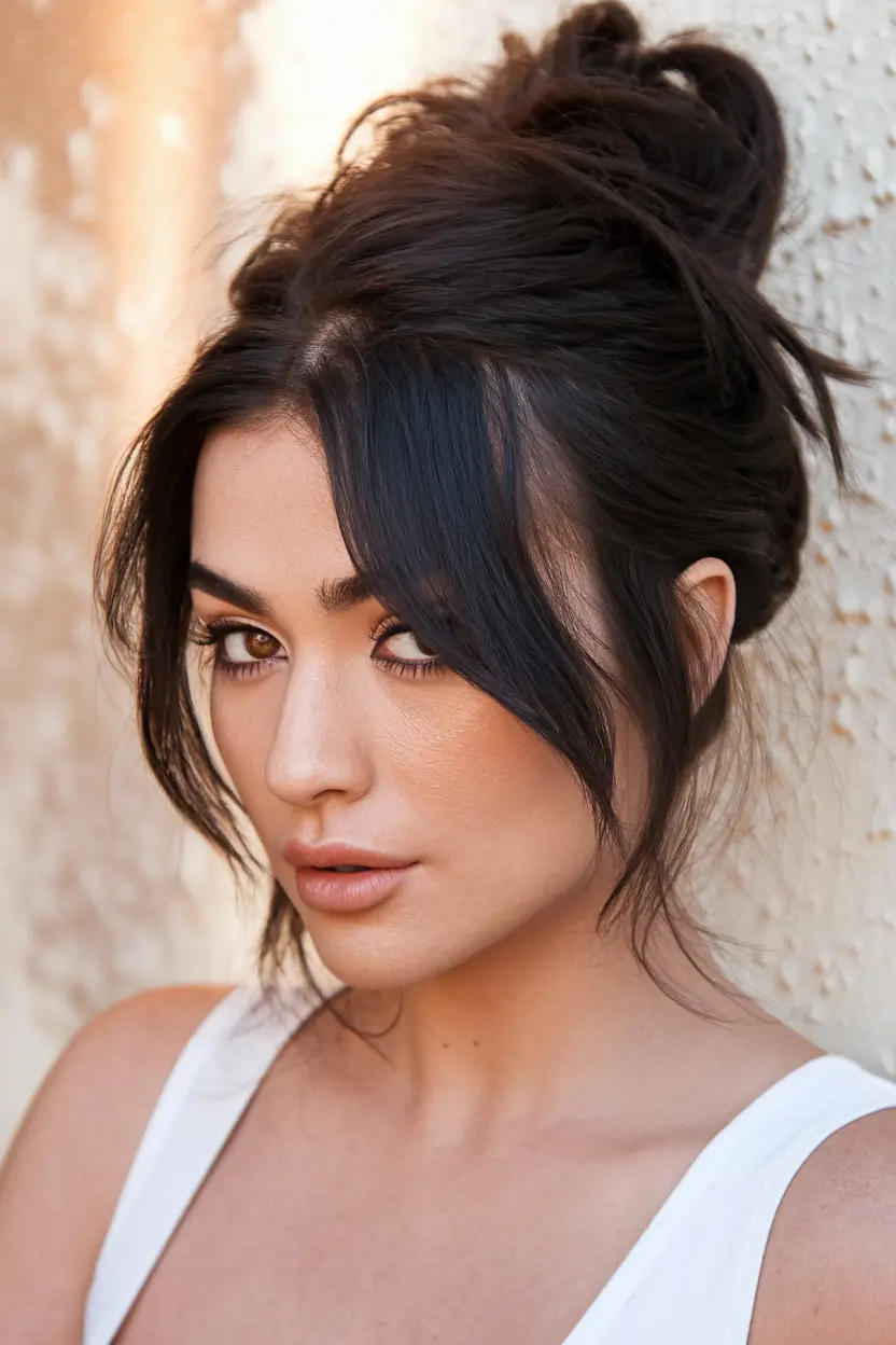 haircuts with bang - summer ideas 2025 Messy Updo with Curtain Bangs