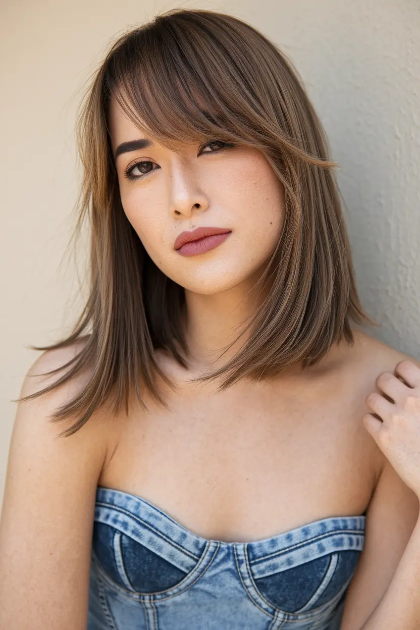 haircuts with bang - summer ideas 2025 Layered Lob with Side-Swept Bangs