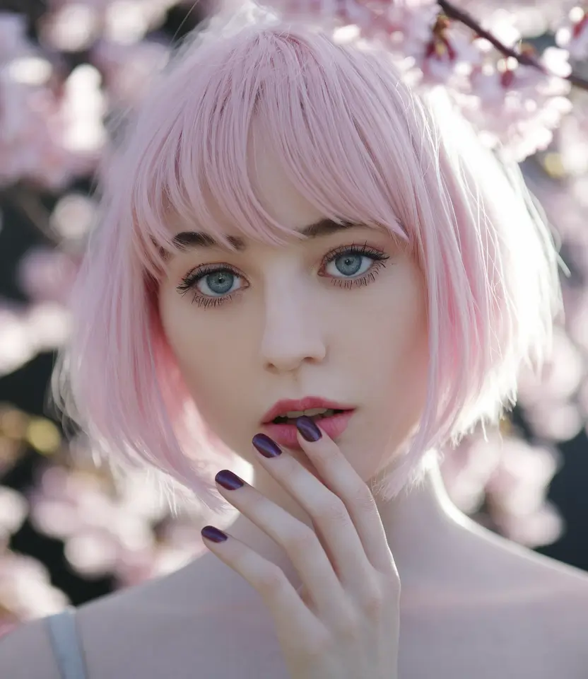 haircuts with bang - summer ideas 2025 Pastel Pink Bob with Blunt Bangs