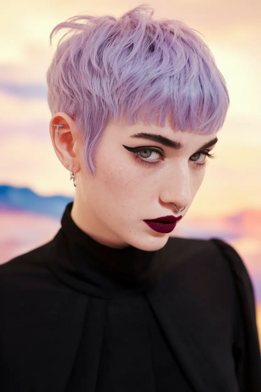 haircuts with bang - summer ideas 2025 Lavender Pixie with Textured Bangs