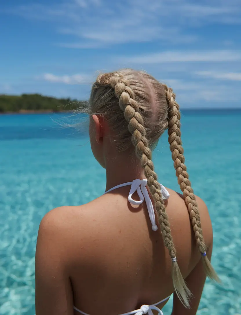 cute summer swimming hairstyles Classic Dutch Double Braids