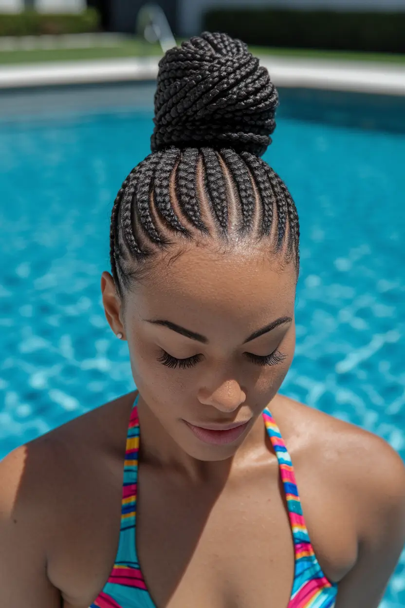 summer hairstyles for black women swimming Braided High Bun with Sleek Cornrows