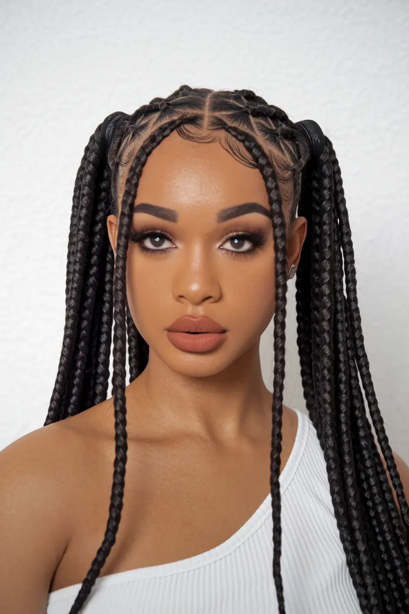 black women summer hairstyles braids+Twist-Up Double High Ponytails with Braided Parts