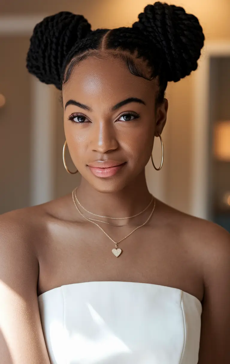 summer hairstyles for black women+Chunky Twisted Space Buns with Edge Control