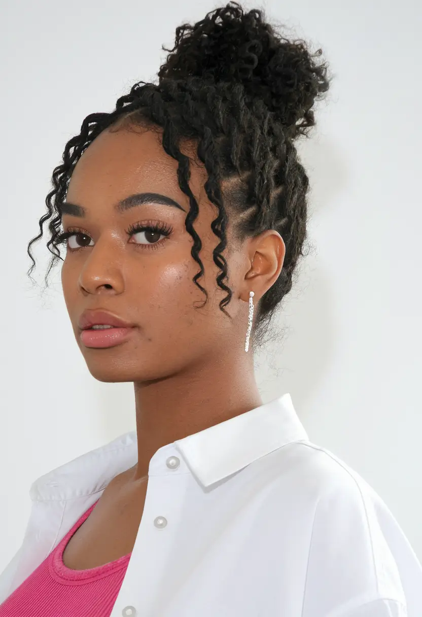 summer hairstyles for black women curls Natural High Bun With Curls Out Front