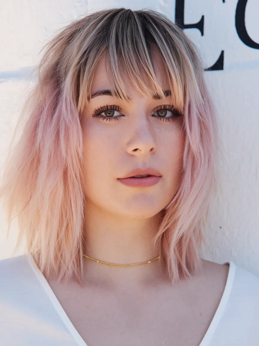 shaggy haircuts with bangs Blush-Tipped Shag with Soft Contrast Bangs