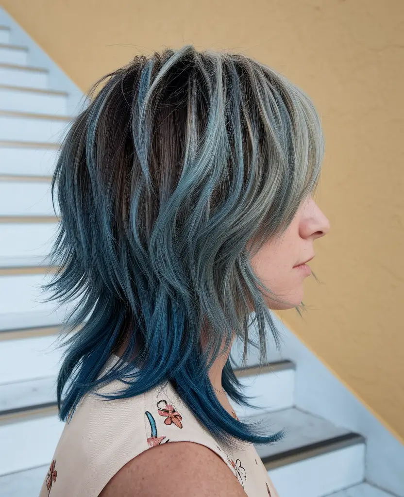 shaggy haircuts long Blue Gradient Wolf Cut