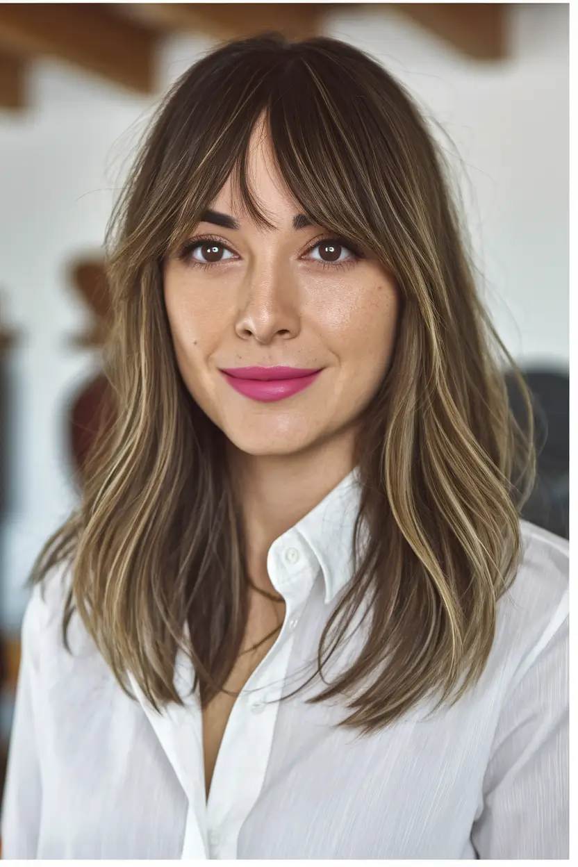 mid length haircuts layers Mid-Length Shag with Wispy Fringe