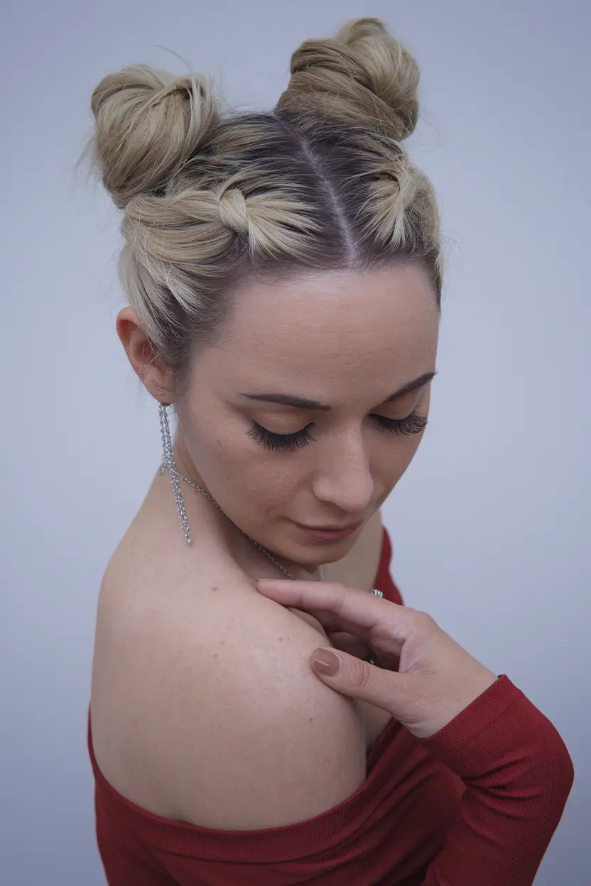 Summer Easy Hairstyle for Work: Double Braided Space Buns