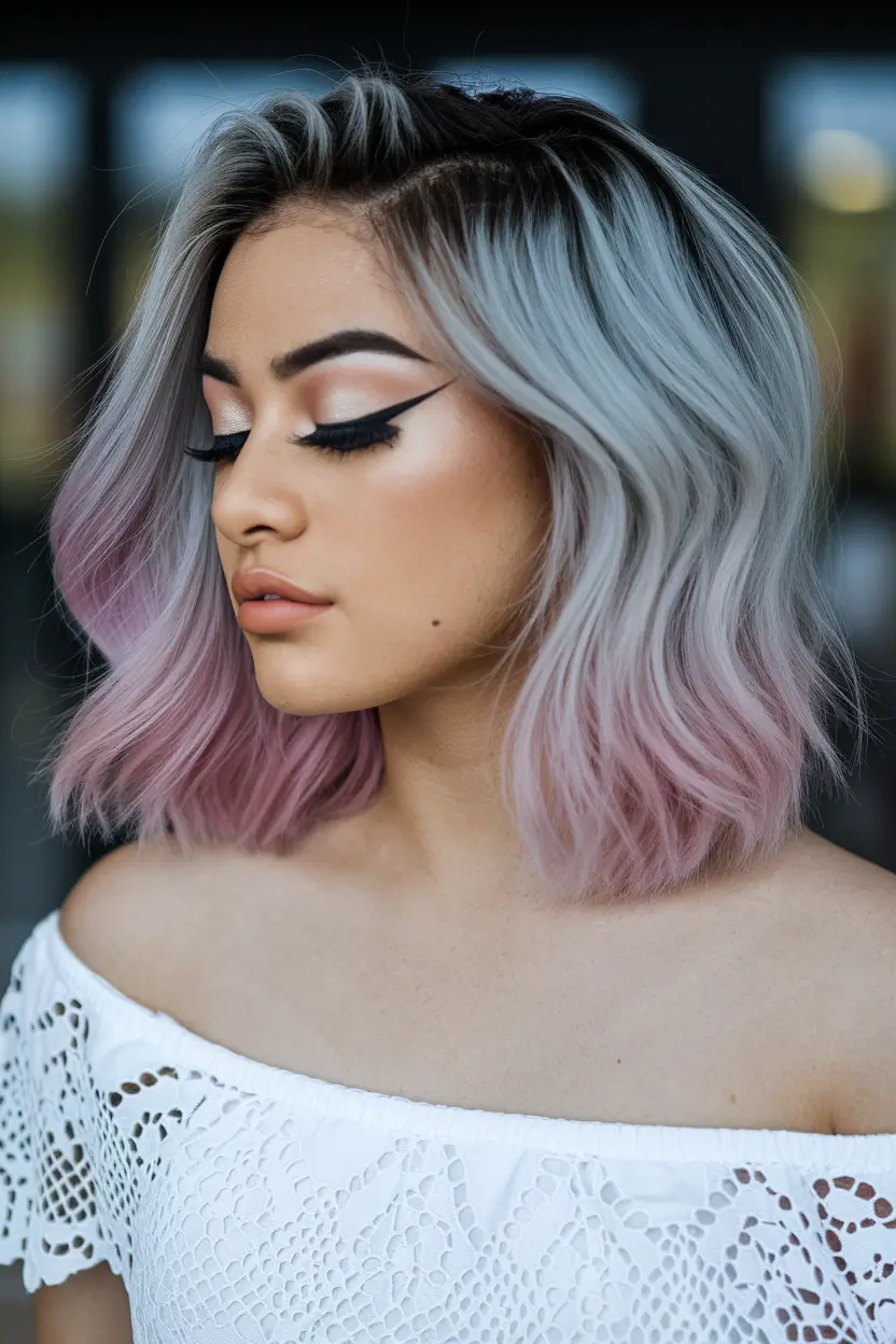 summer ombre hair color ideas Smoky Silver to Pink Fade with Boho Energy