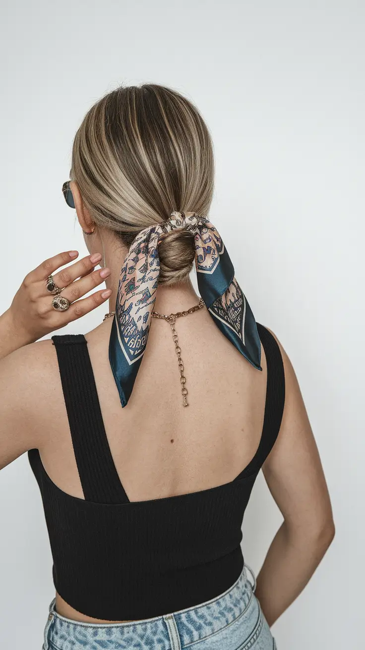 summer updo hairstyles 2025 Scarf-Tied Low Knot