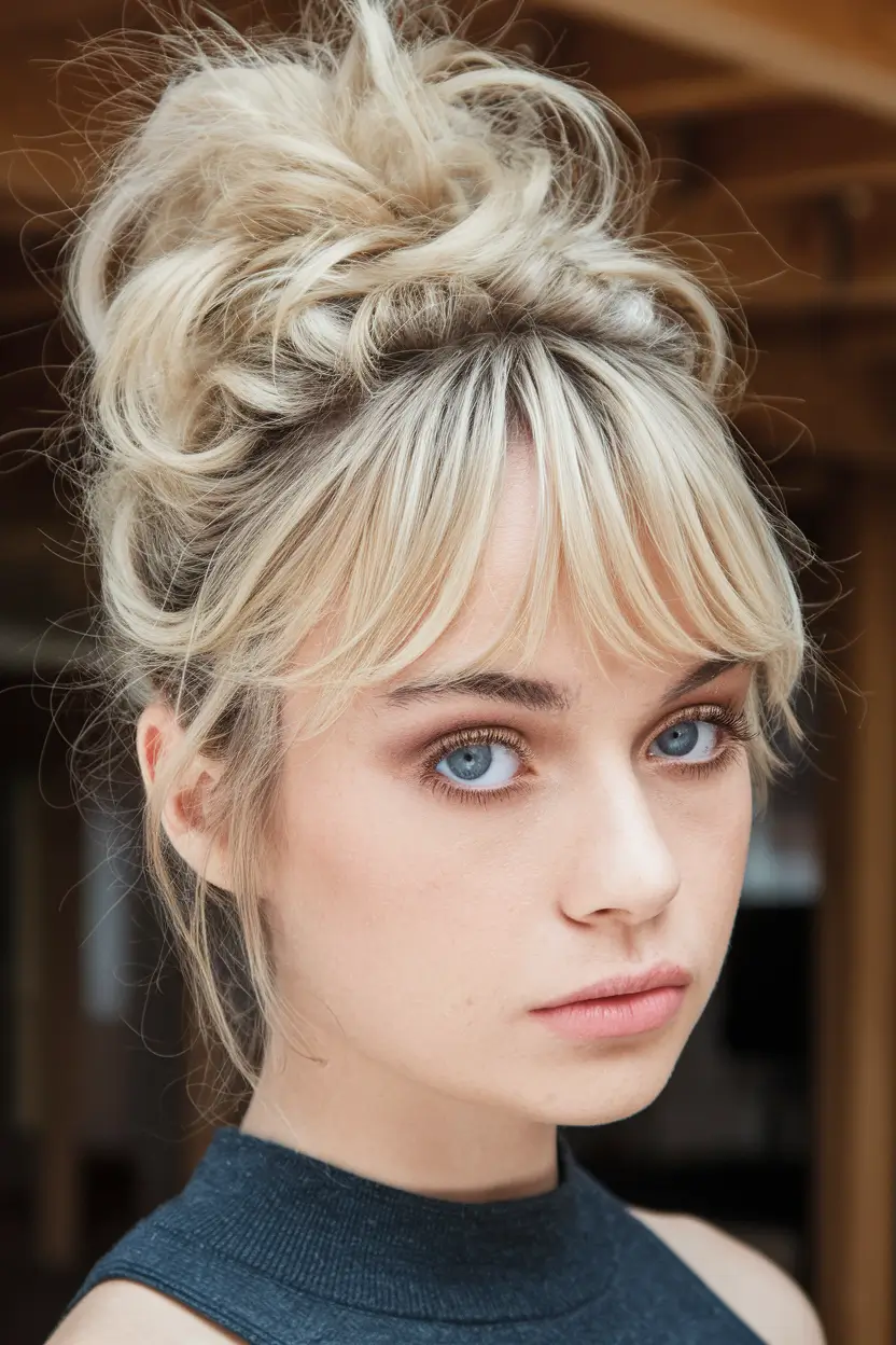 summer updo hairstyles 2025 Voluminous Textured Updo with Bangs