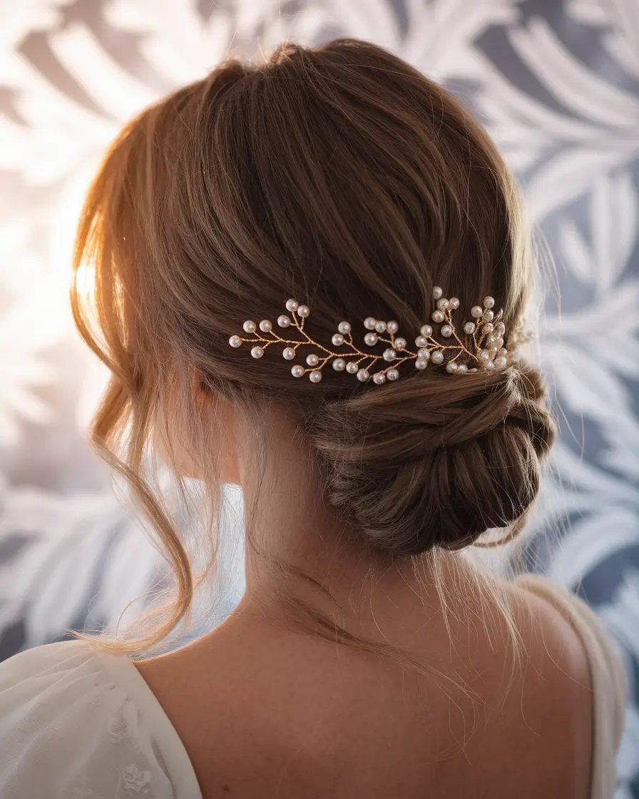 summer wedding hairstyles ideas 2025 Classic Low Bun with Pearl Accents