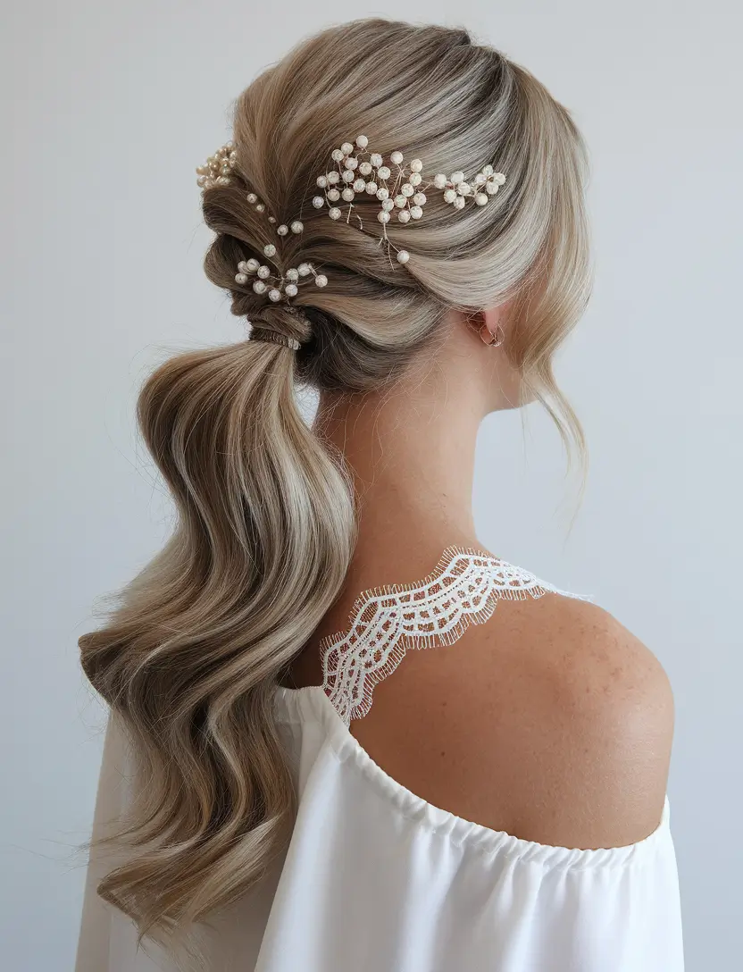 summer wedding hairstyles ideas 2025 Textured Low Ponytail with Pearl Hairpins
