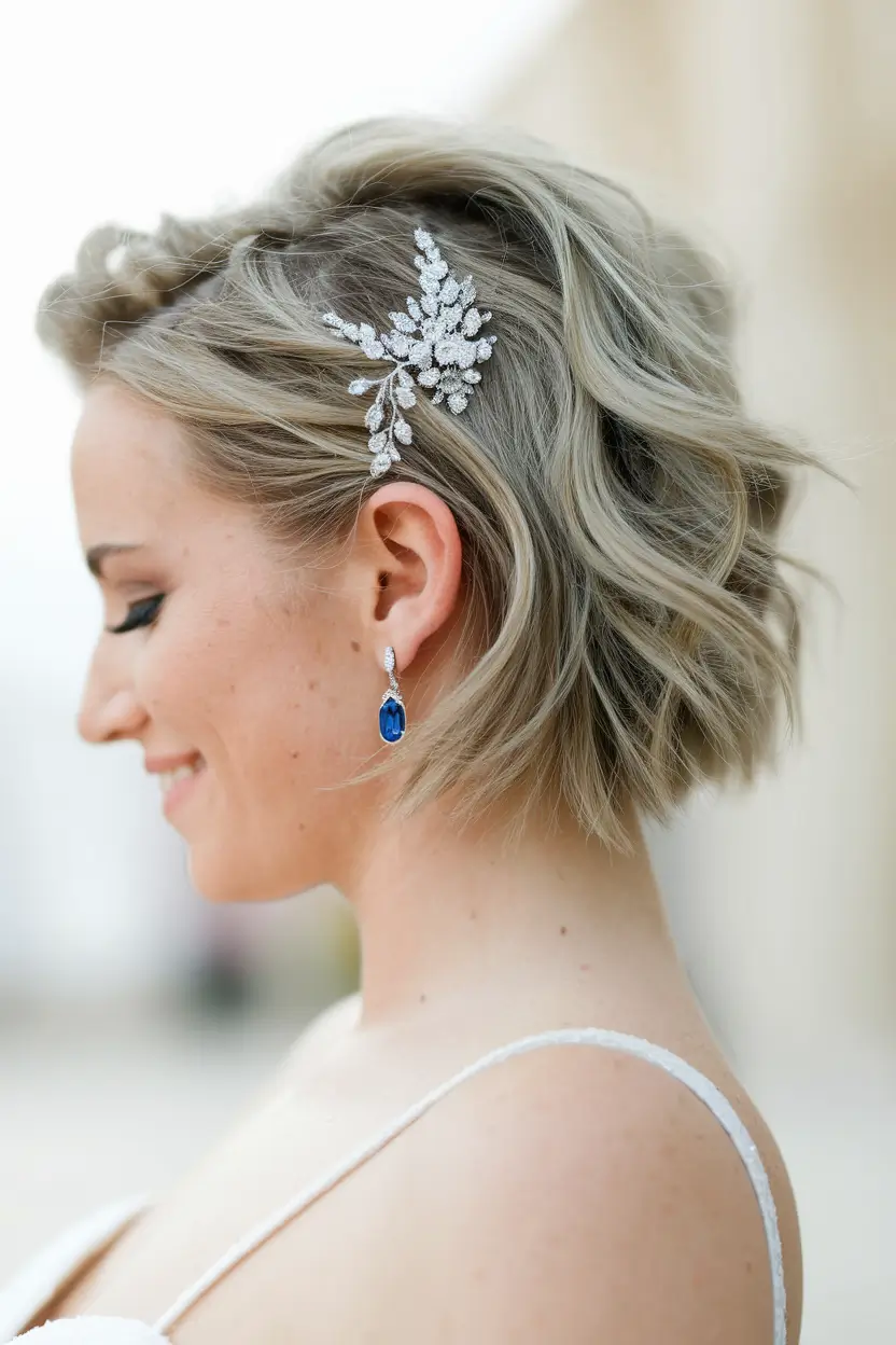 summer wedding hairstyles ideas 2025 Textured Short Waves with Sparkling Clip