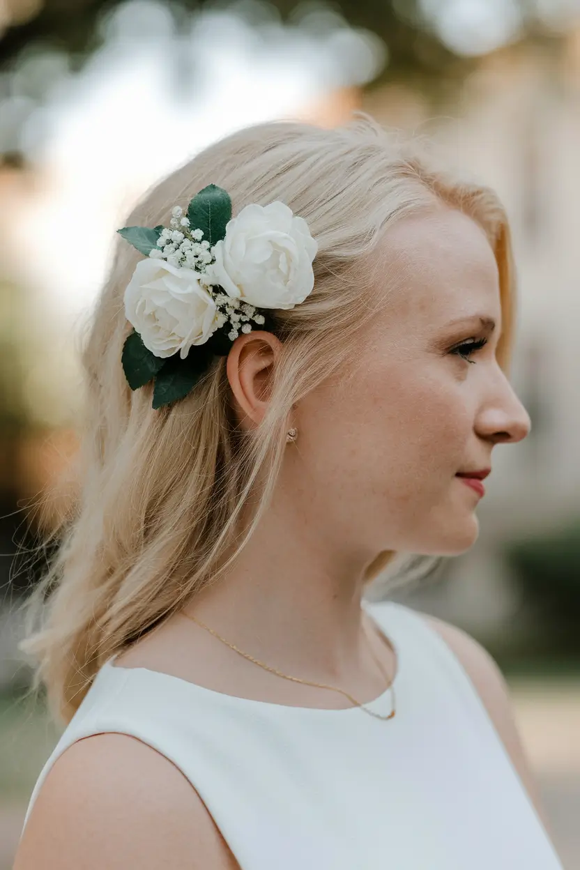 summer wedding hairstyles ideas 2025 Soft Waves with Floral Accent
