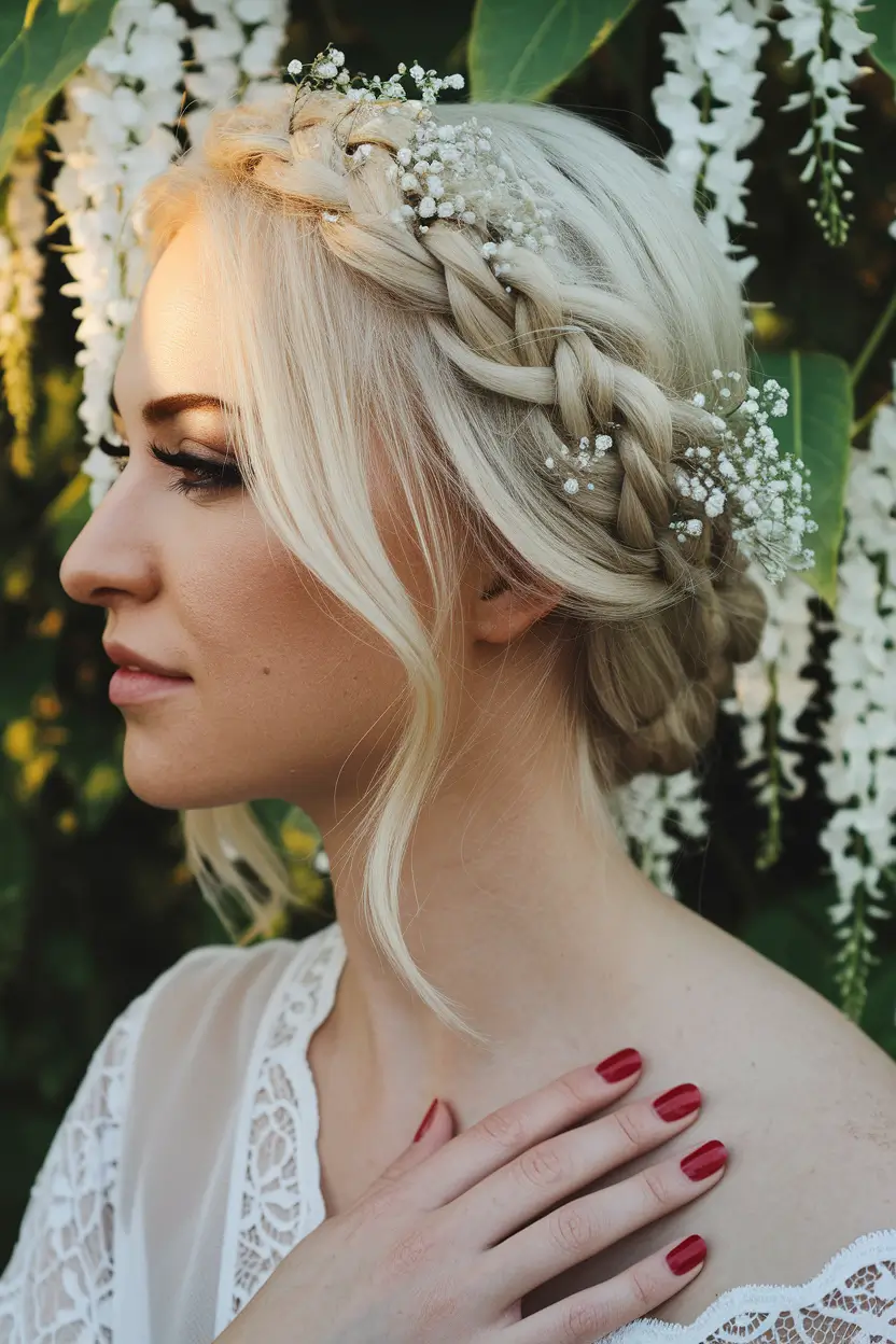 summer wedding hairstyles ideas 2025 Braided Crown with Baby’s Breath