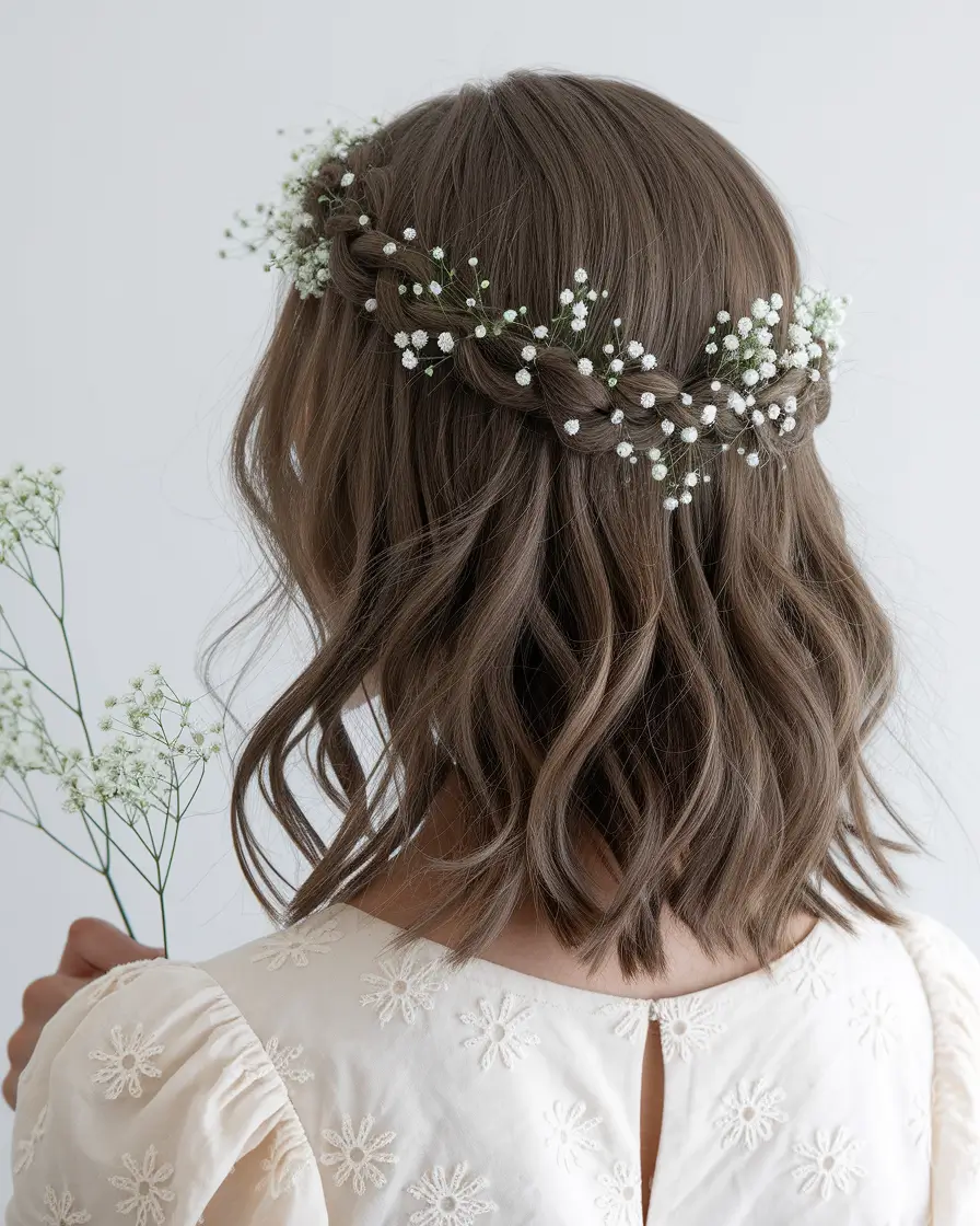 summer wedding hairstyles ideas 2025 Half-Up Braid with Baby’s Breath