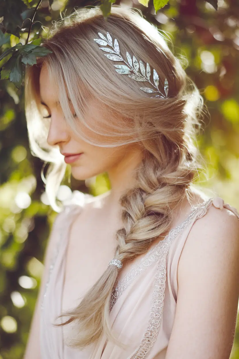 summer wedding hairstyles ideas 2025 Loose Fishtail Braid with Leaf Headband