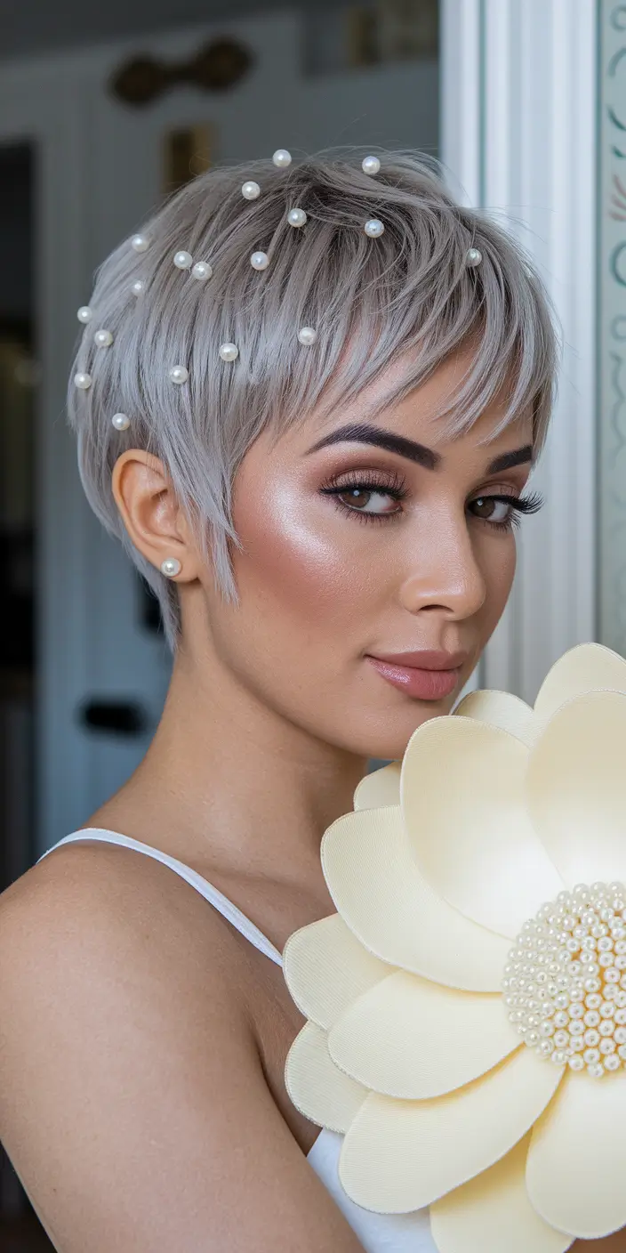 summer wedding hairstyles ideas 2025 Pixie Cut with Pearl Accents