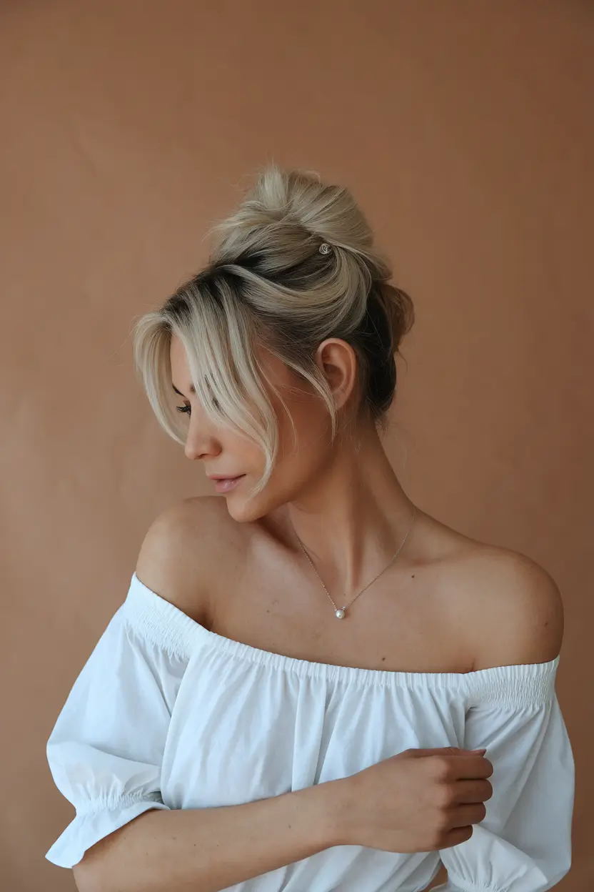 summer wedding hairstyles ideas 2025 Messy High Bun with Curtain Bangs