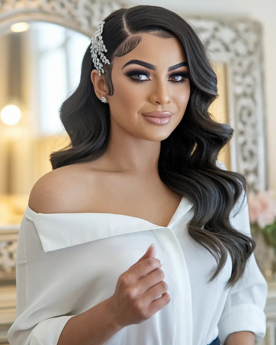 summer wedding hairstyles ideas 2025 Hollywood Waves with Crystal Side Comb