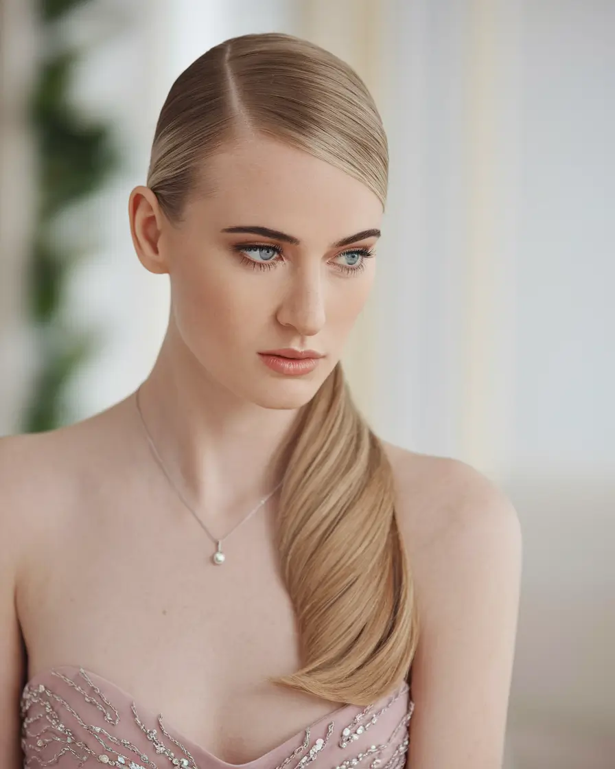 summer wedding hairstyles ideas 2025 Sleek Low Ponytail with Side Part