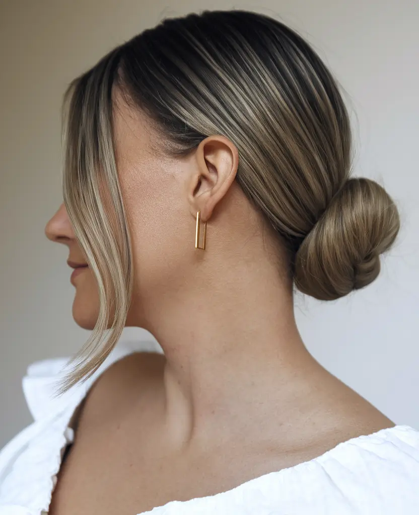 summer wedding hairstyles ideas 2025 Sleek Low Bun with Curtain Bangs