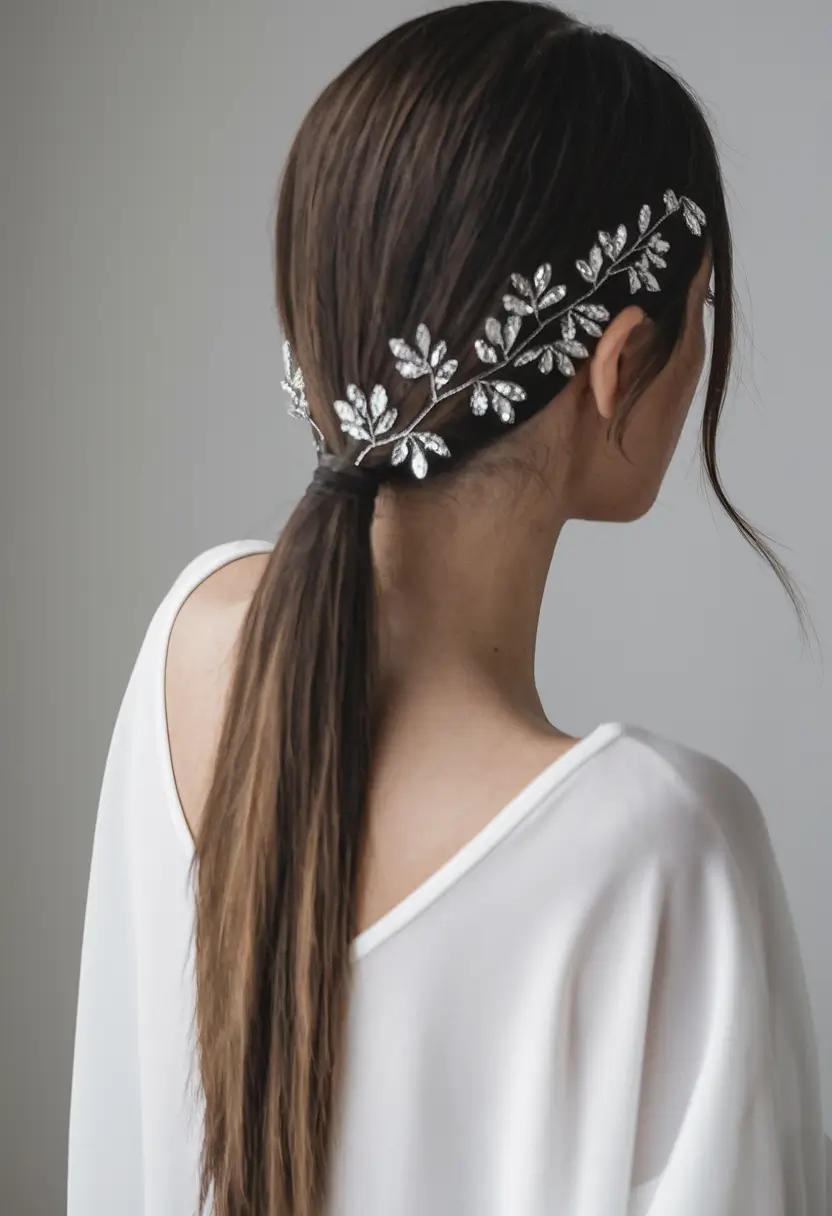 summer wedding hairstyles ideas 2025 Elegant Low Ponytail with Leaf Motif Headpiece