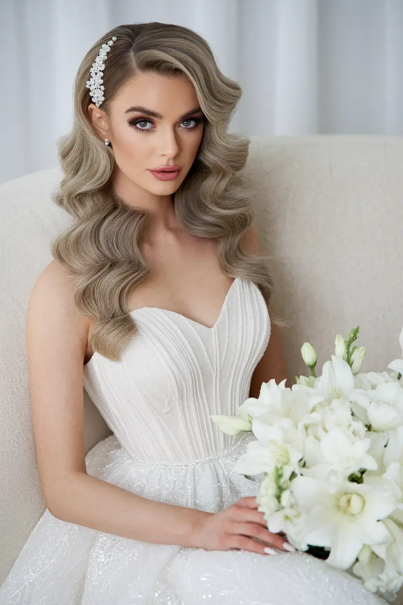 summer wedding hairstyles ideas 2025 Glamorous Hollywood Waves with Crystal Side Comb