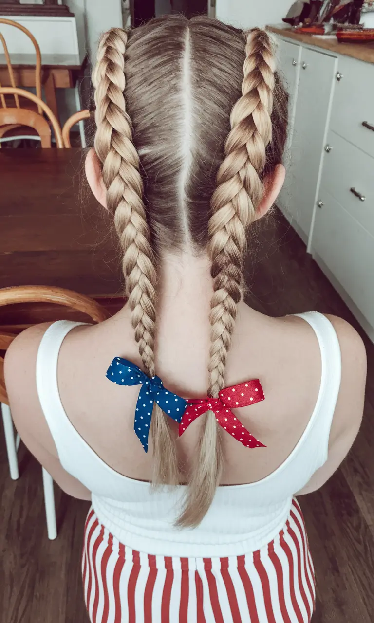 4th of july hair inspo easy Double Dutch Braids with Patriotic Ribbon Detail
