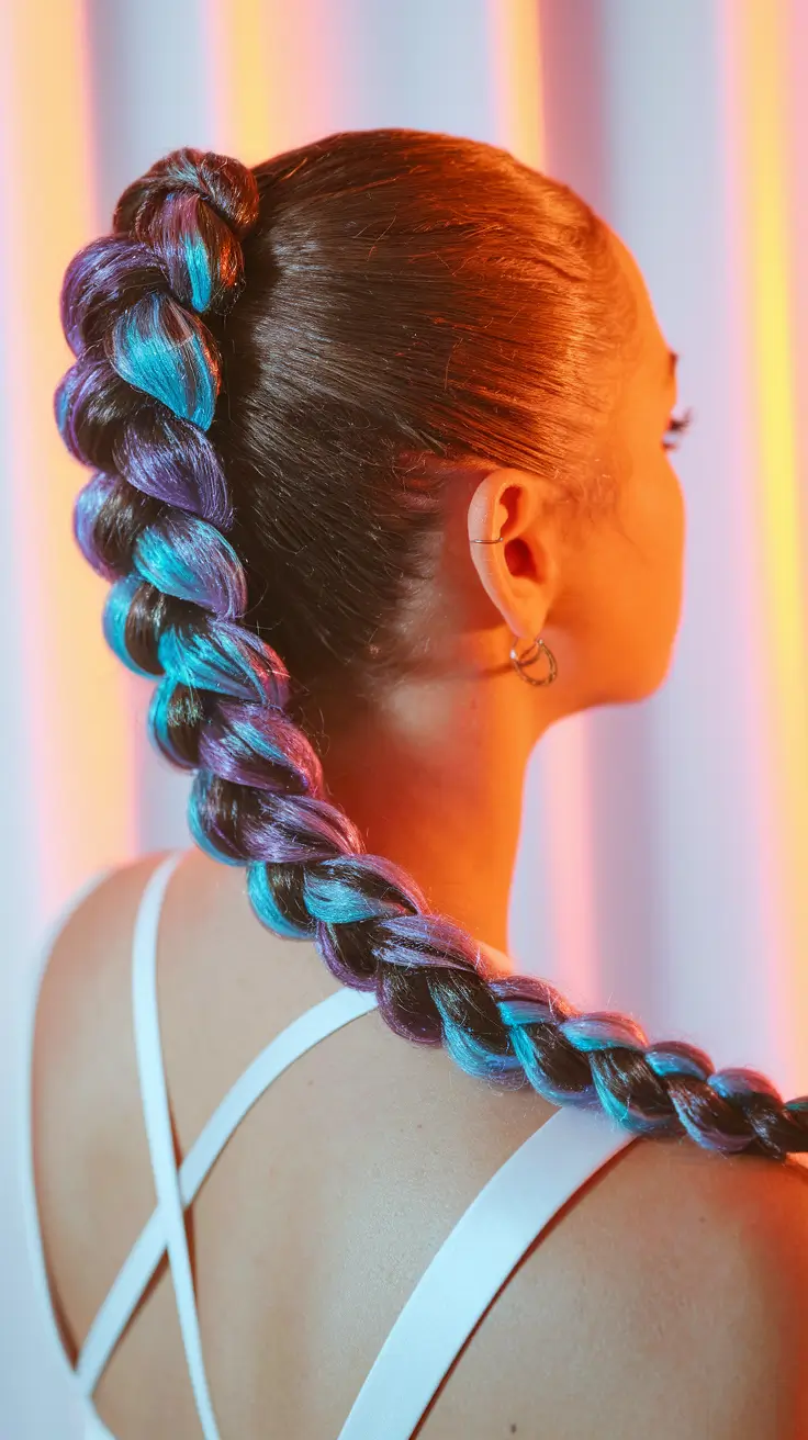 4th of july hair Twisted Braid with Shimmering Teal and Violet Streaks